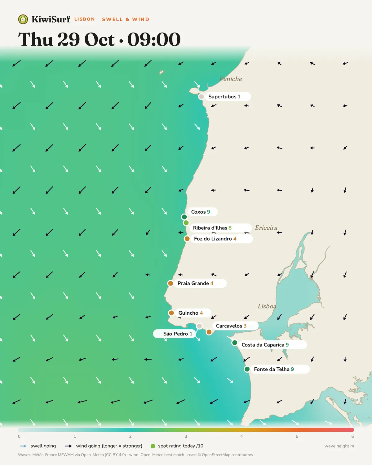 KiwiSurf swell and wind map of the Lisbon coast at 09:00